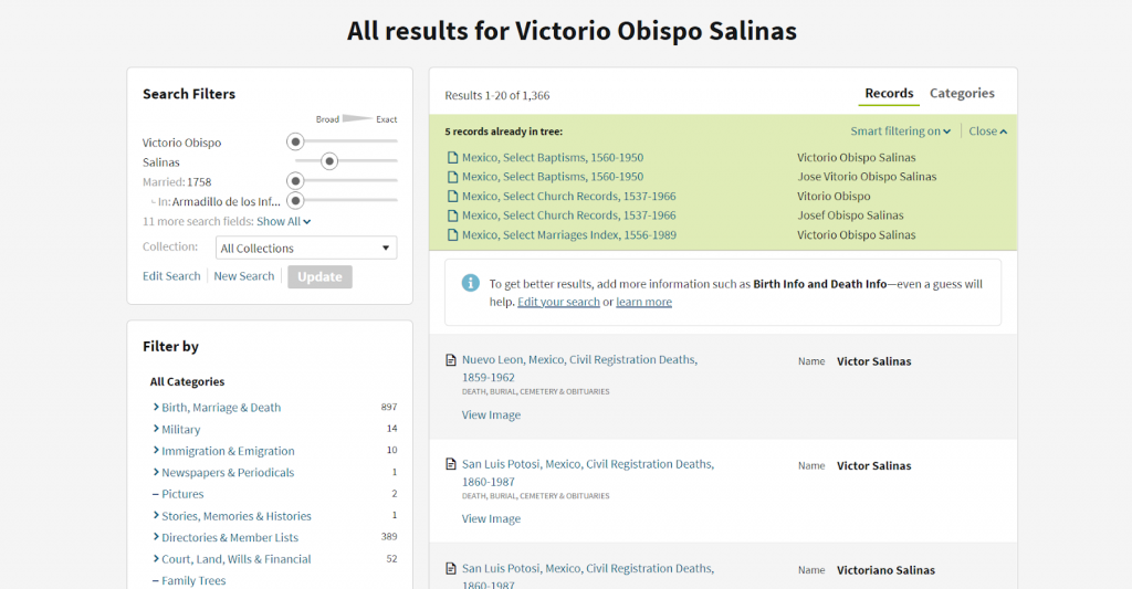 Example AncestryDNA Victorio Obispo Salinas Record