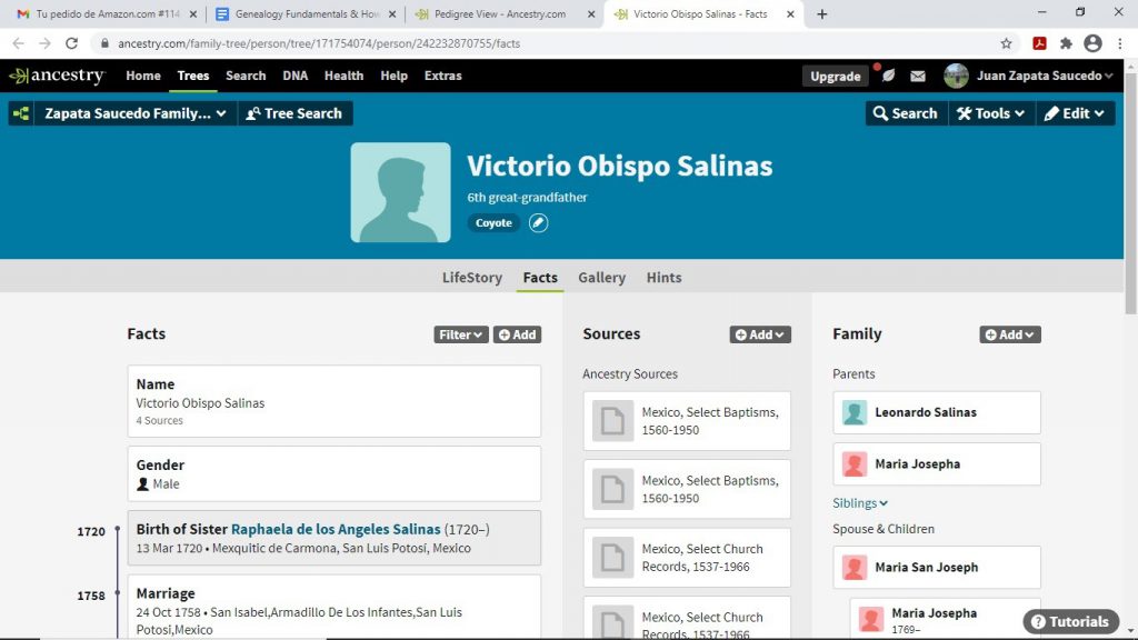 Example AncestryDNA Victorio Obispo Salinas Record Profile